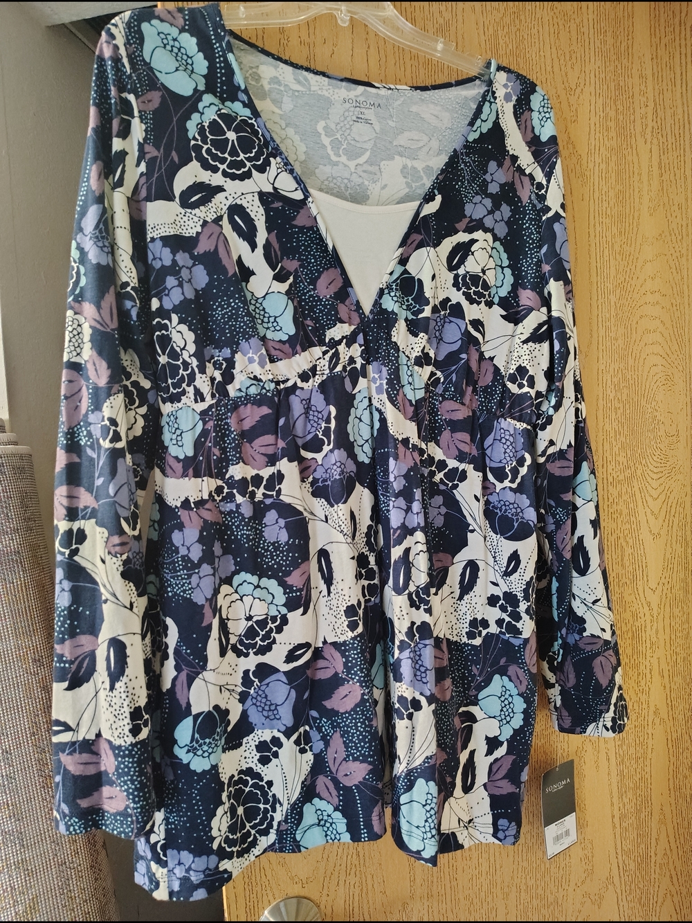 Sonoma Navy Floral Faux-Layered Wrap Tunic with Lavender and Light Blue